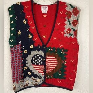 Skyr Sportswear Vintage Novelty 100% Wool Patriotic Heart Floral Hand Knit Vest